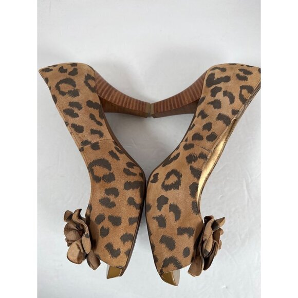 Sofft Size 8 Tan High Heeled Pump Suede Leather Printed Leopard Peep Toe Rosette - Picture 9 of 13